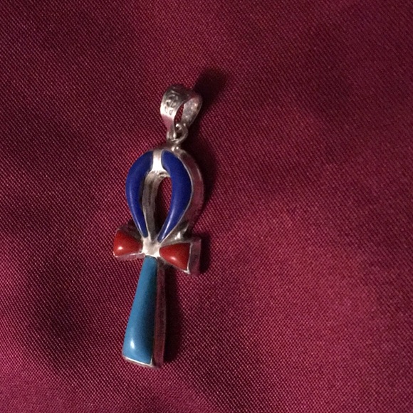 Silver Lapis/ Turquoise/ Coral Unkh Made In Egypt - Picture 1 of 6